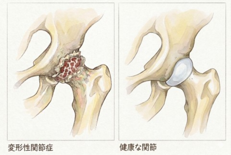 正常な股関節と変形性股関節症の比較
