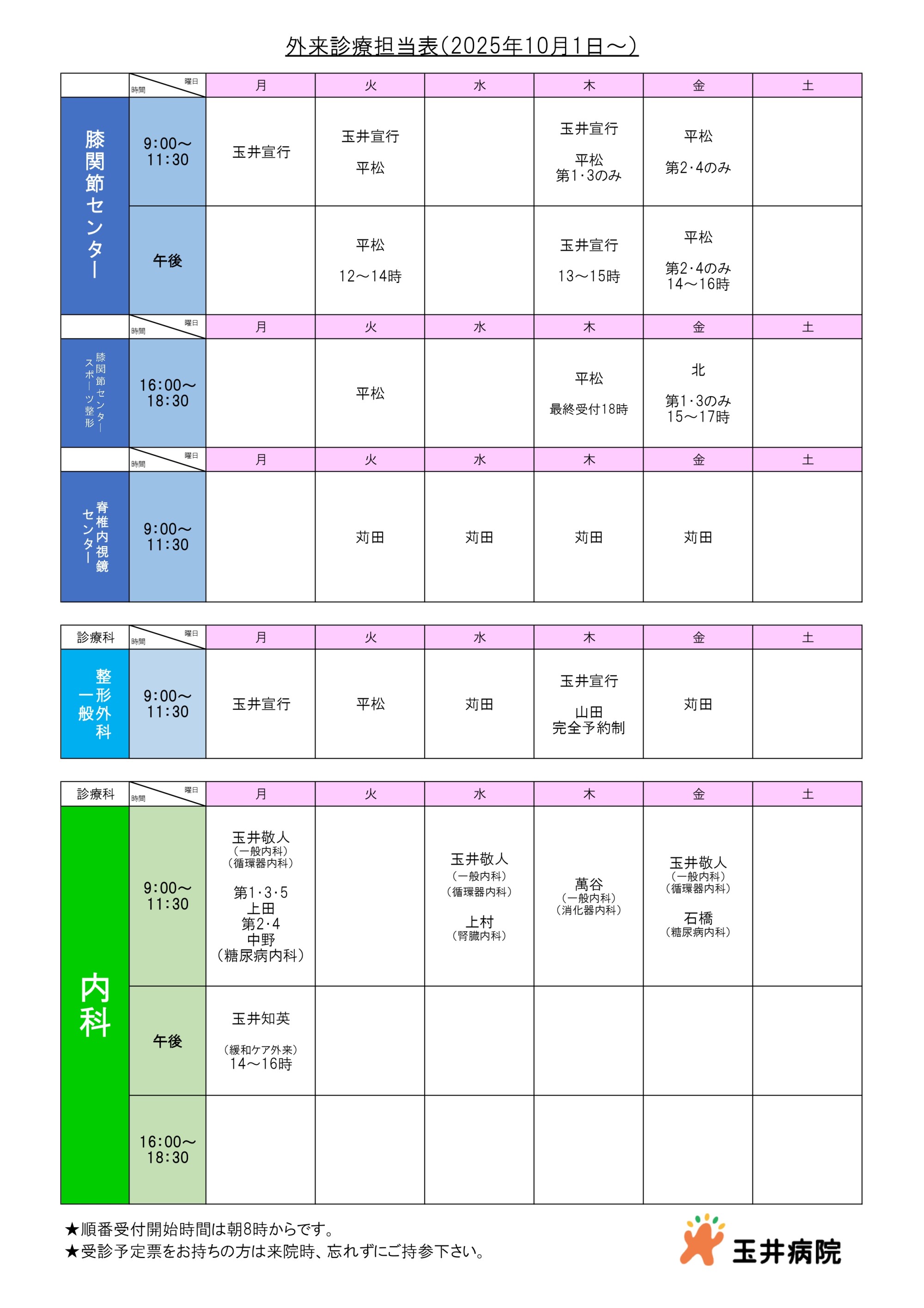 外来診療担当表