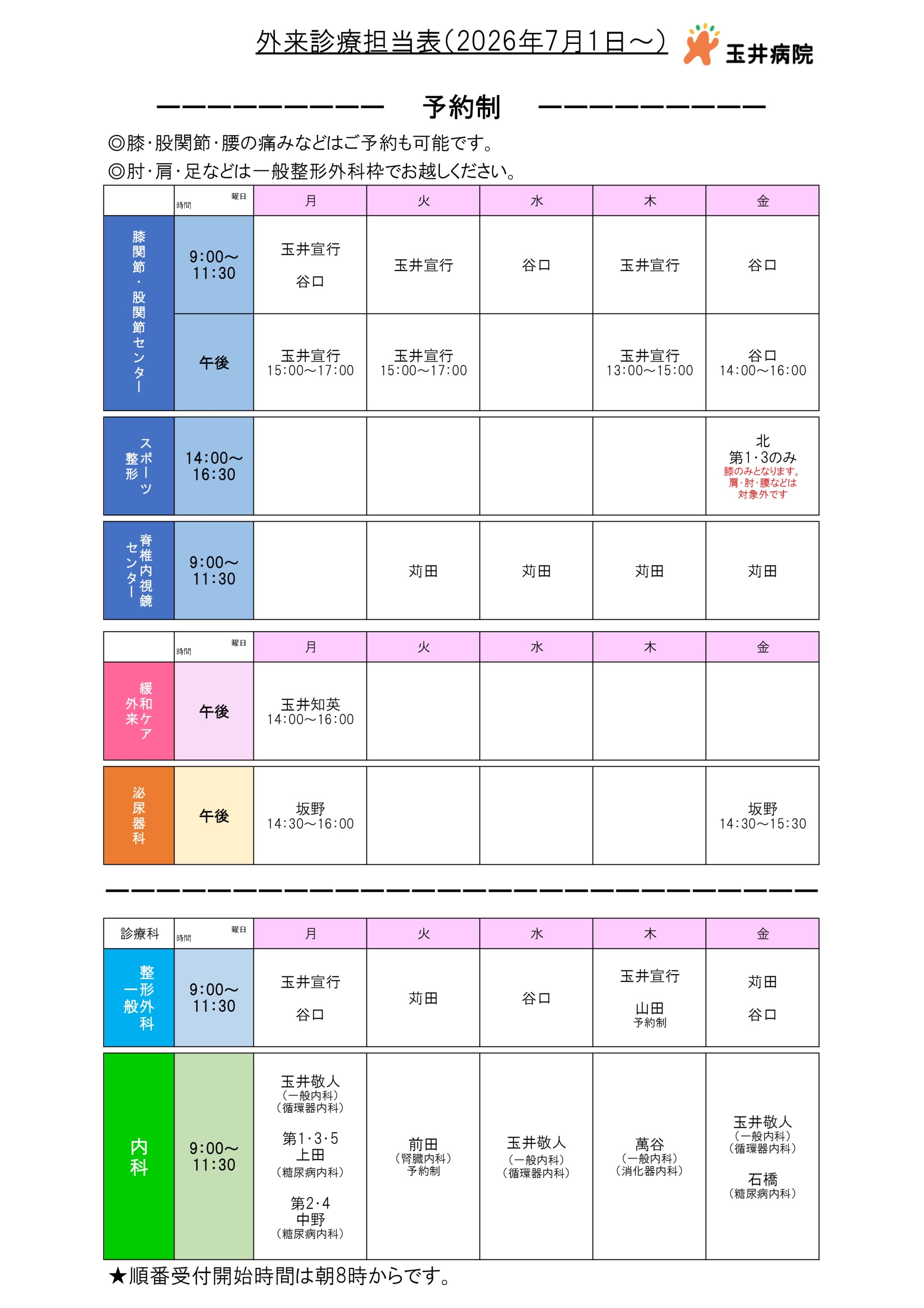 7月より月曜日の膝関節・股関節センターの夕方診療が開始します 