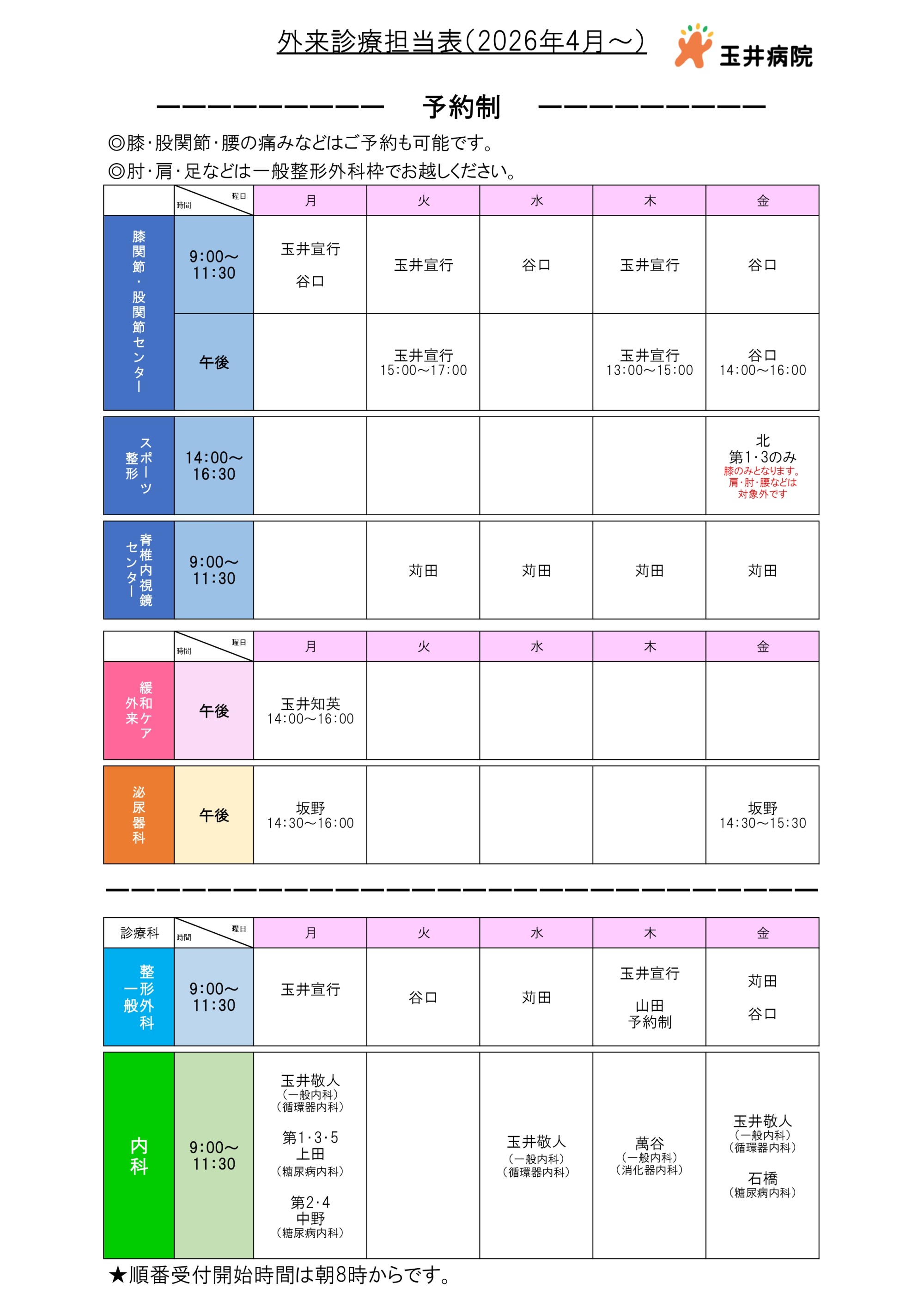 外来診療担当表